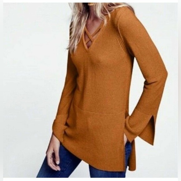 Free People Tops - Free People Mustard Criss Cross Tunic Sweater Top